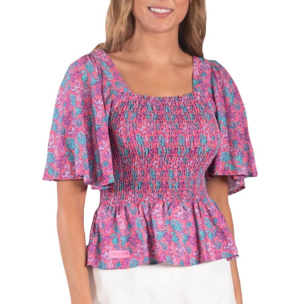 Simply Southern Pink Smocked Seahorse Crop Top Womens Small Puff Sleeves Shirred